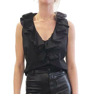 Lauren Ralph Lauren Black Deep V Ruffle Button Front Tank Top